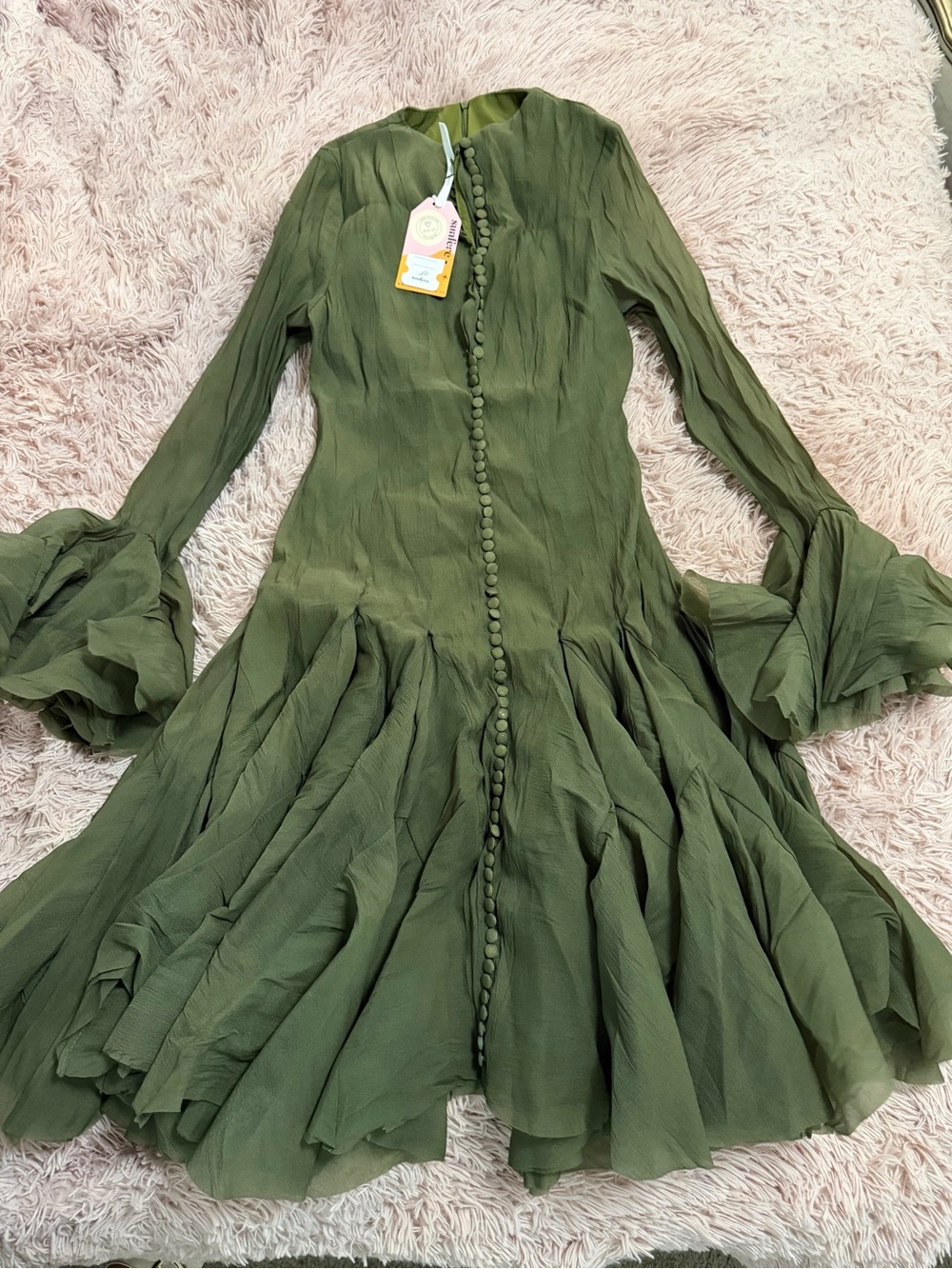 Sunfere Long Sleeve Flared Hem Midi Dress — Olive